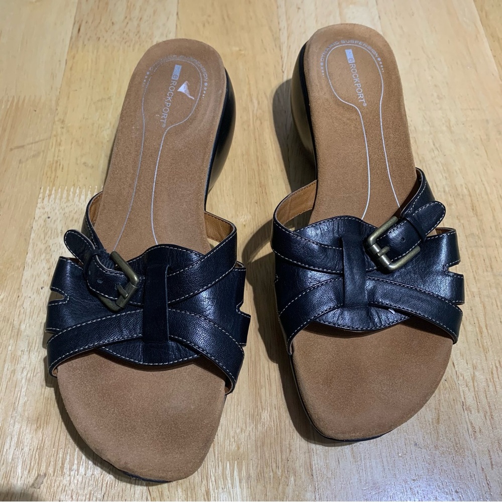 Rockport Leather Sandals Womens 9M Black Cross Strappy Slides Comfort Shoes